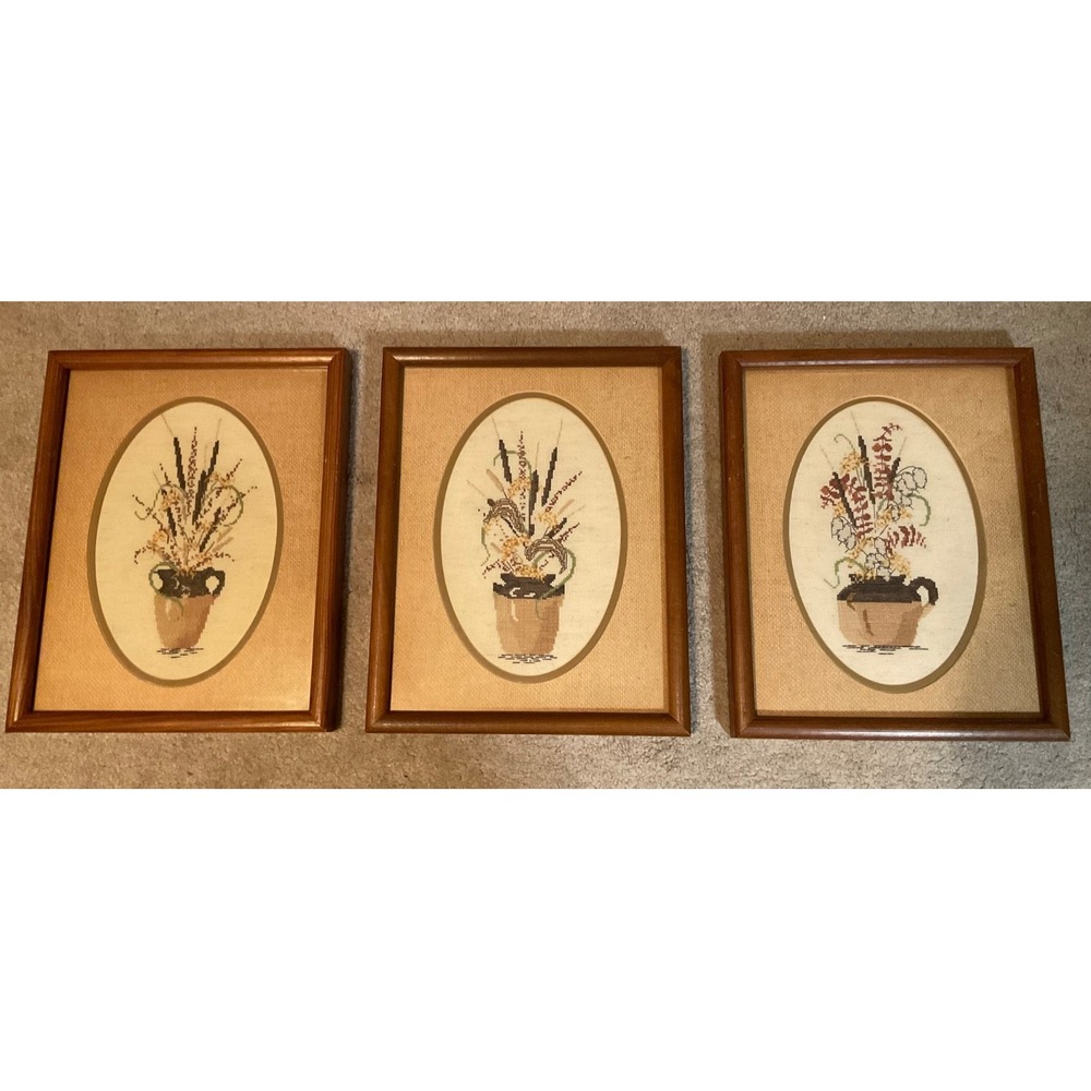 LOT 3 HAND SEWN EMBROIDERED NEEDLEPOINT 12 x 16 Framed Pictures Art